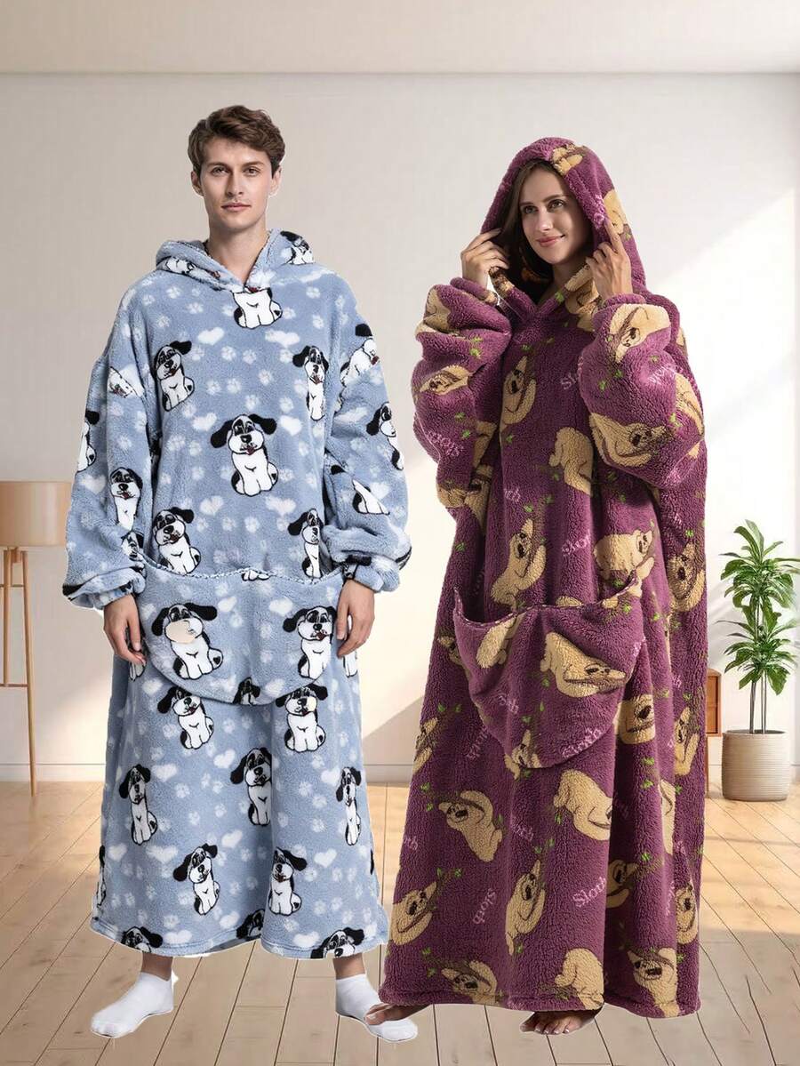 Adult Extra Long & Thick Hooded Blanket With Sleeves, Suitable For Autumn/Winter, Super Warm & Cozy, Oversized Fleece Hooded Blanket With Extra Large Pocket, Unisex, Machine Washable, Suitable For Indoor & Outdoor, Comfortable Homewear, Charming, Soft Touch, Ideal For Leisure At Home - Multicolor - View 1