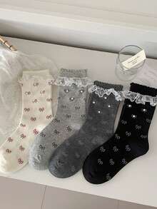 1双洛丽塔风格女士蕾丝边中筒袜，百搭公主/少女串珠荷叶边袜 - 彩色 - 查看 11