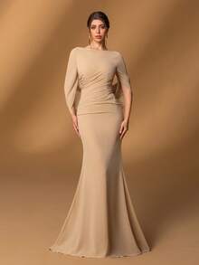 Faeriesty Mosy Elegant Boat Neck Bridal Mother Gown With Sweep Train Sleeves & Mermaid Tail Hem Featuring Draped Detailing - Formal Mother Of The Bride Dress Perfect For Weddings, Gala Dinners, Award Ceremonies, Charity Balls, And Black-Tie Events