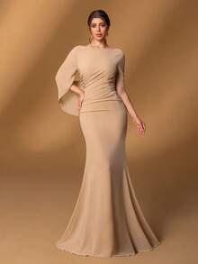 Faeriesty Mosy Elegant Boat Neck Bridal Mother Gown With Sweep Train Sleeves & Mermaid Tail Hem Featuring Draped Detailing - Formal Mother Of The Bride Dress Perfect For Weddings, Gala Dinners, Award Ceremonies, Charity Balls, And Black-Tie Events