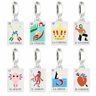 Ett högkvalitativt hängehalsband i 925 sterlingsilver med ett traditionellt mexikanskt "Loteria"-korttema, med pärlörhängen och silversmycken, lämpligt för vardagsbruk, damaccessoarer och födelsedagspresenter.