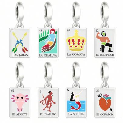 Un collar colgante de plata esterlina 925 de alta calidad con un tema de tarjeta tradicional mexicana "Lotería", con pendientes de gota con cuentas, joyería de plata, adecuada para uso diario, accesorios para mujer y regalos de cumpleaños