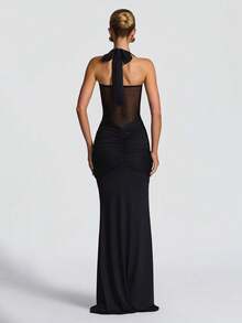 性感吊带露背收腰高开衩连衣裙，网纱拼接度假派对婚纱黑色春季款 - 黑色 - 查看 2