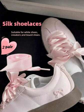 2 Pairs Women's White Pleated Bow Hollow Shoelaces, Korean Style 120cm Shoe Accessories, Suitable For Sneakers, Casual Shoes, Flats, Canvas Shoes, Wedding Shoes, Etc.