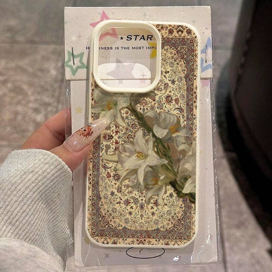 1pc TPU Material Vintage Elegant Lily Pattern Phone Case Compatible With IPhone 17 Pro Max/17/16 Pro Max/15/13/12/11, S20 FE/A15/S24/A55, Compatible With Redmi Note 11/Note 12/Note 13 Pro, Full Coverage Anti-Drop Soft Protective Cover - White - View 1