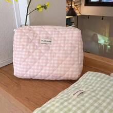 1 Pc Solid Color Plaid Makeup Bag Travel Women Large Soft Cosmetic Organizer Pouch Large Capacity Simple Makeup Bags Green Pencil Case Daily Makeup Brushes Storage Bag Travel Toiletry Bag Organizer Valentine's Day Gift,Gifts For Women,Christmas Gifts,Gift Ideas For Women,Pouch,Makeup Pouch,Travel Essential - Pink - View 7