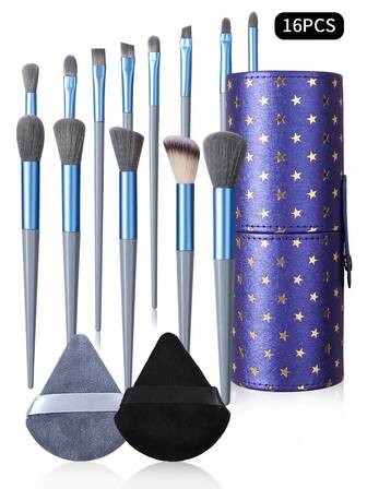 13/16 piezas Juego de brochas de maquillaje suaves, brocha para rubor, brocha para polvo, brocha para contorno, brocha para sombra de ojos, brocha para rostro y esponjas de maquillaje con felpa y soporte de cepillos de cuero sintético, juego de brochas, kit de brochas de maquillaje, juego de maquillaje completo, set de brochas de maquillaje, kit de maquillaje completo, kit de brochas, set de brochas de maquillaje, set de regalo de maquillaje, set