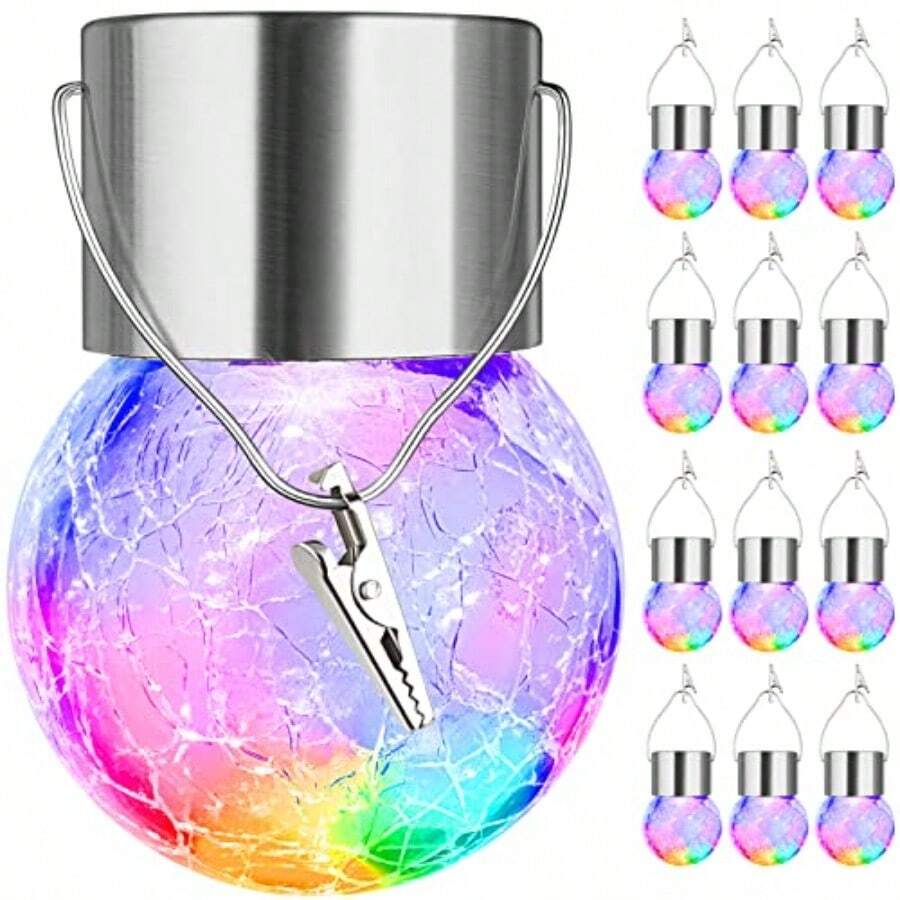 12-Pack Hanging Solar Lights Drative Cracked Glass Ball Light Multicolor Solar Powered Waterproof Globe Lighting For Garden Tree Outdoor Landscape Dration Ambient Evening Lighting Energy-Efficient -Friendly Illumination Easy Installation Weather-Resistant Design For Year-Round Use - Multicolor - View 1