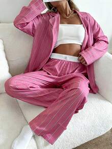 Nina Bonheur 2pcs Women Loose Comfortable Breathable Striped Long Sleeve Top & Pants Lounge Set, Winter Clothes - Watermelon Pink - View 5