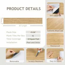 Natural Peel And Stick Flooring Waterproof Vinyl Plank Flooring 16 - Pack 24 Sq. Ft. Peel And Stick Floor Tile Wood Laminate Flooring Stick On Floor Tiles Bedroom Kitchen RV 6''x36'' - 一盒16塊木板 - 查看 8
