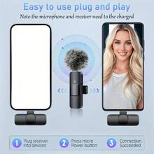 Microphone cài áo không dây với quả cầu lông chống gió, -Micro không dây USB Type-C dành cho điện thoại thông minh/máy tính bảng/máy tính xách tay, ghi âm cắm là chạy cho podcast, vlog, phỏng vấn video, - (Tương thích với điện thoại thông minh và máy tính), Hệ thống microphone cài áo không dây với ghi âm một chạm, thiết kế kẹp, đầu nối USB Type-C, hướng thu đa hướng, dùng cho phát trực tuyến - màu đen - Xem 6