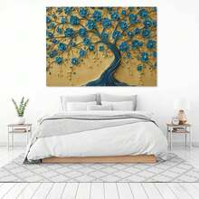 [2D Flat] 1Pc Framed Ready To Hang, Retro Graffiti Tree Tree Of Life Scenery Canvas Wall Art, Modern Abstract Blue & Gold Floral Tree Posters Painting Pictures Wrapped Framed Print, Home Decor Living Room Office Wall Decor For Glam Art Admirers, Ornate 3D Style - 藍色 - 查看 3