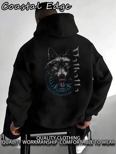 Valhalla Wolf With Runes Fashion Men's Casual Long-Sleeved Hooded Pullover Sweatshirt (280g Cotton Blend Hoodie) Is Suitable For Outdoor Sports And Is An Ideal Choice For Autumn And Winter Printing