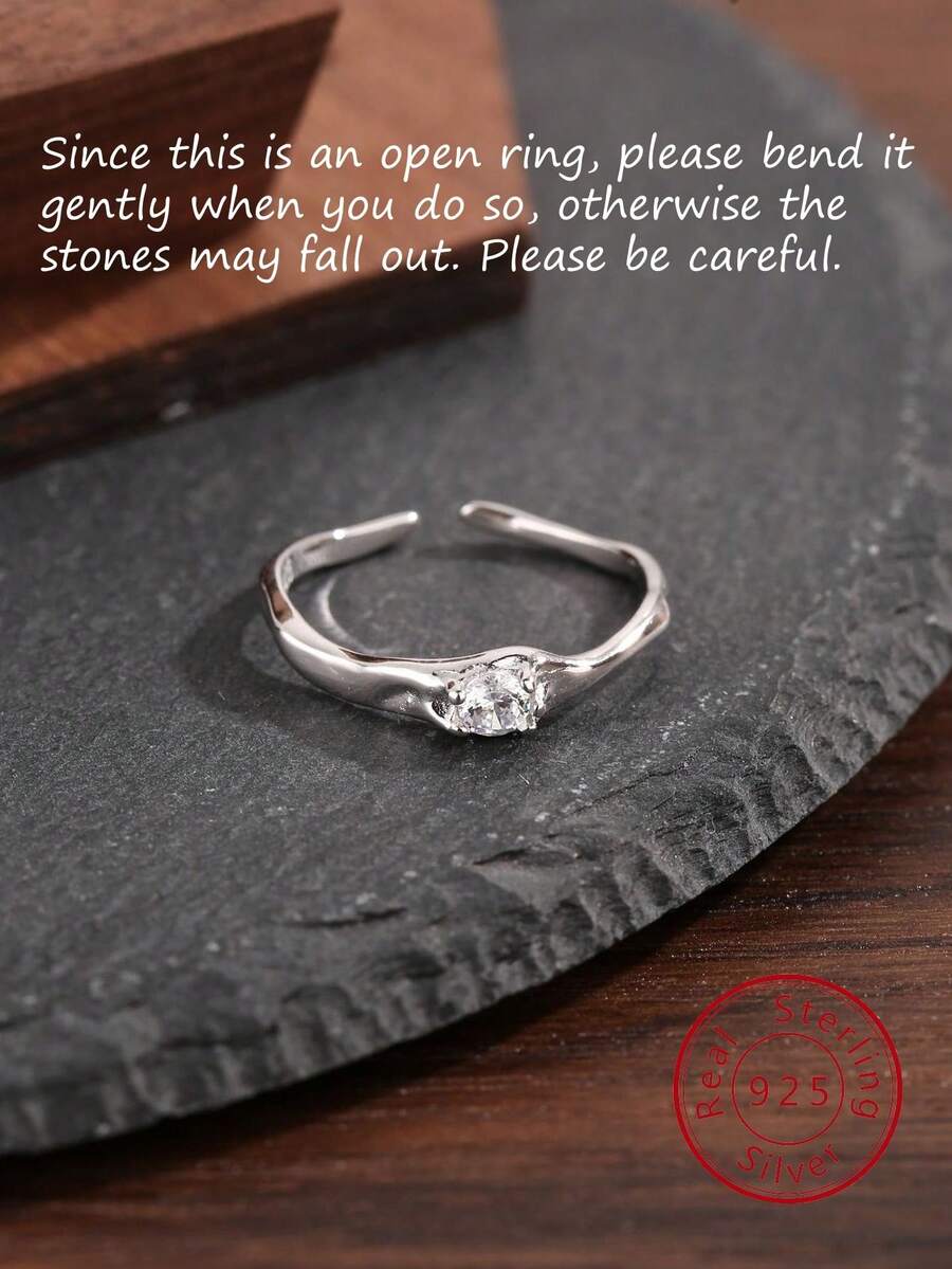1pc Adjustable Silver Sterling Micro-Inlaid Zirconia Stone Ring, Minimalist & For Women - Silver - View 1