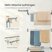 Wäscheständer Turm mit Rollen, faltbarer Standtrockner aus Metall, 6 klappbare Trockenflügel und 2 seitliche Drehflügel, belastbar bis 35 kg, platzsparender Wäscheturm für Innen und Außen, Grau - Weiss - Übersicht 9