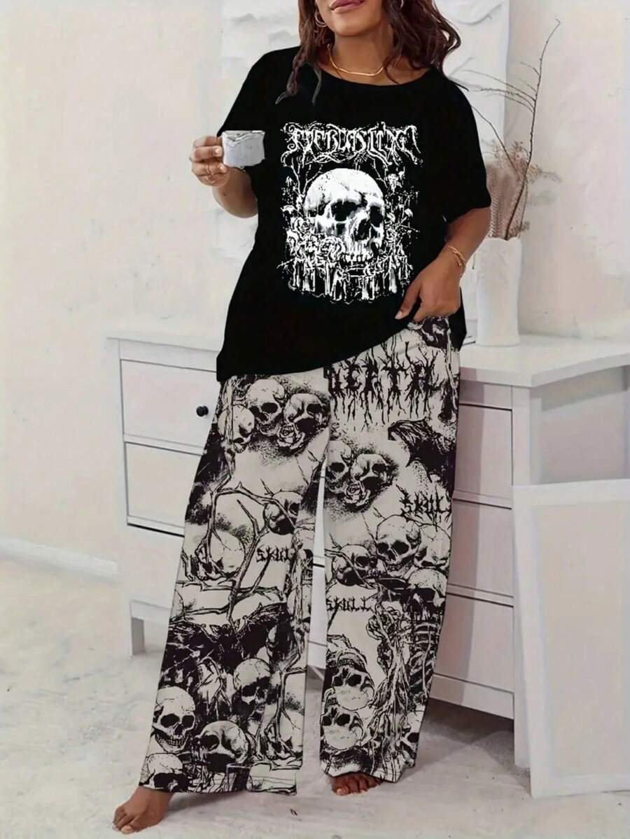 2pcs Plus Size Women Pajama Set - Halloween Ghost Gothic Skull Print, Short Sleeve Top And Comfortable Long Pants, Soft Polyester Blend Loungewear, Suitable For Spring, Summer, Autumn