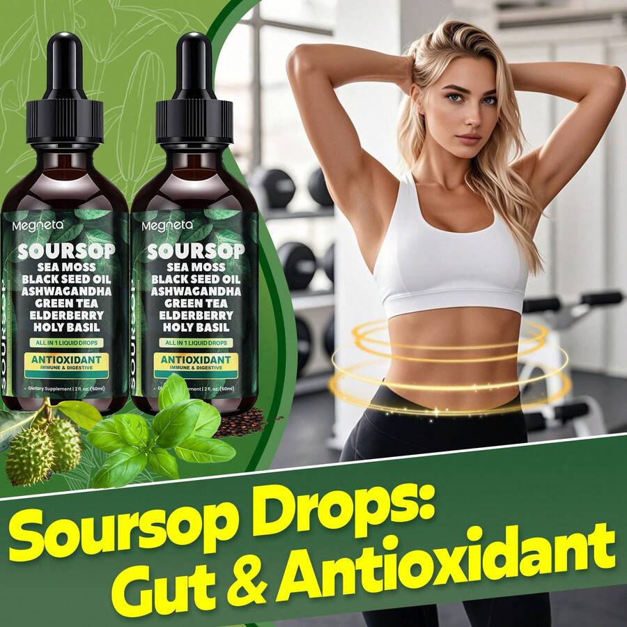 MEGNETA Soursop Graviola Liquid | Oral Drops For Immune Wellness, Digestive Balance & Liver Care, Leaf & Fruit Formula With Sea Moss, Elderberry & Black Seed Oil, For Men And Women, 2 Fl.Oz Glass Bottle, Local Delivery, Free Shipping - 2 F| Oz (Pack of 2) - 查看 1