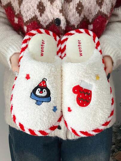 نعال منزلية مريحة بطبعة قلب البطريق، مسطحة، للاستخدام الداخلي والخارجي، بطانة من الفرو، مناسبة للجنسين