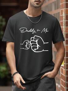 男士休闲圆领短袖 T 恤，带手和字母印花 - 黑色 - 查看 3