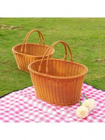 1个户外手提篮 手工藤编手提篮 礼品篮 家居收纳篮 洗衣篮 洗漱篮 化妆品收纳篮 非常适合野餐、海滩郊游、旅行、露营、宿舍收纳、浴室台面收纳、婴儿房杂物整理、工艺品收纳、厨房储藏室收纳、卧室装饰和周末度假必备品