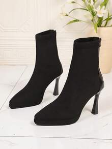 Women's Pointed Toe Stiletto Ankle Boots, Pointed Toe Stiletto Design, Pointed Mid-Calf Zipper Decor, Stiletto High Heel, Pointed Toe Modern Ankle Boots, Fashion Commuter Style, Suitable For Women's Daily Work And Party Wear In Autumn/Winter, Suede Material, Fashionable Pointed Toe Stiletto Ankle Boots - Black - View 7