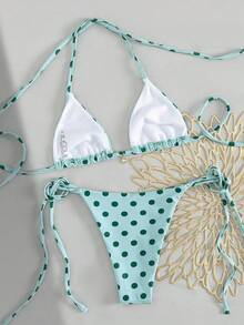 Bộ bikini Xinshengyuan 2026 2 món/set dành cho Tết Dương lịch và Lễ Tình nhân, kiểu dáng gợi cảm, dễ thương, màu xanh ngọc chấm bi, dây buộc cổ tam giác hai bên, chất liệu co giãn vừa phải, phong cách Âu Mỹ, quần bơi nữ kiểu buộc dây bên hông, thích hợp cho kỳ nghỉ biển và hồ bơi, tiệc biển, trang phục đi biển mùa hè, đồ bơi mùa xuân mùa đông. - Nhiều màu - Xem 2