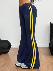 女士休闲喇叭裤，撞色条纹拼接 - 藏蓝色 - 查看 6