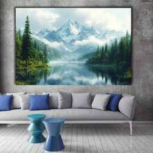 [2D Flat Canvas Wall Art] Funny Canvas Wall Art, 1Pc Framed Ready To Hang 2D Flat Blue Mountain Landscape Canvas Wall Art, Realistic Nature Decorative Painting, Posters For Living Room Bedroom Office, Tranquil Home Decor Aesthetic, Perfect For Nature Enthusiasts & Calming Interiors, Adds A  Touch To Any Space  Canvas Wrapped Inner Frame - 霧霾藍 - 查看 2