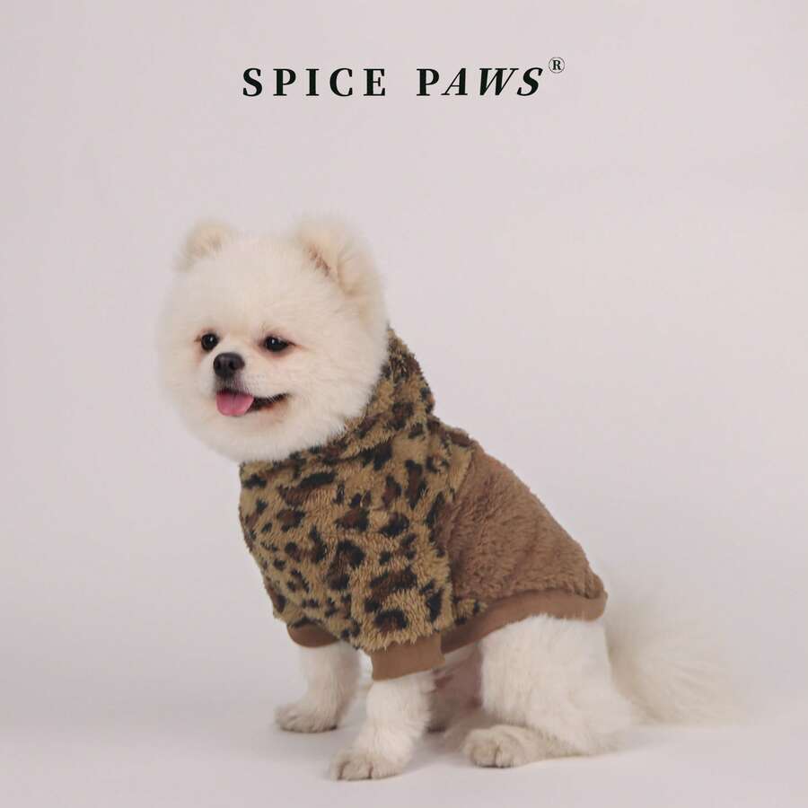 1件宠物狗外套，蓬松豹纹印花，适合超小型和小型犬种，猫咪衣服，冬季宠物服装 - 棕色 - 查看 1