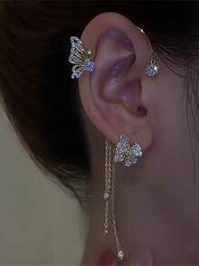 1件蝴蝶花朵流苏耳夹（无需耳洞） - 金色 - 查看 1