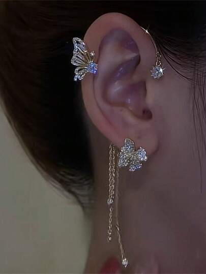 1件蝴蝶花朵流苏耳夹（无需耳洞）