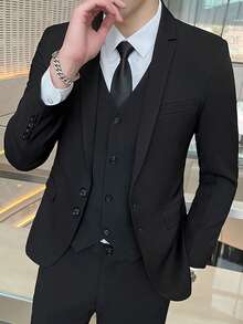 New Style Slim Fit Black Suit Set, Casual Business Formal Work Attire