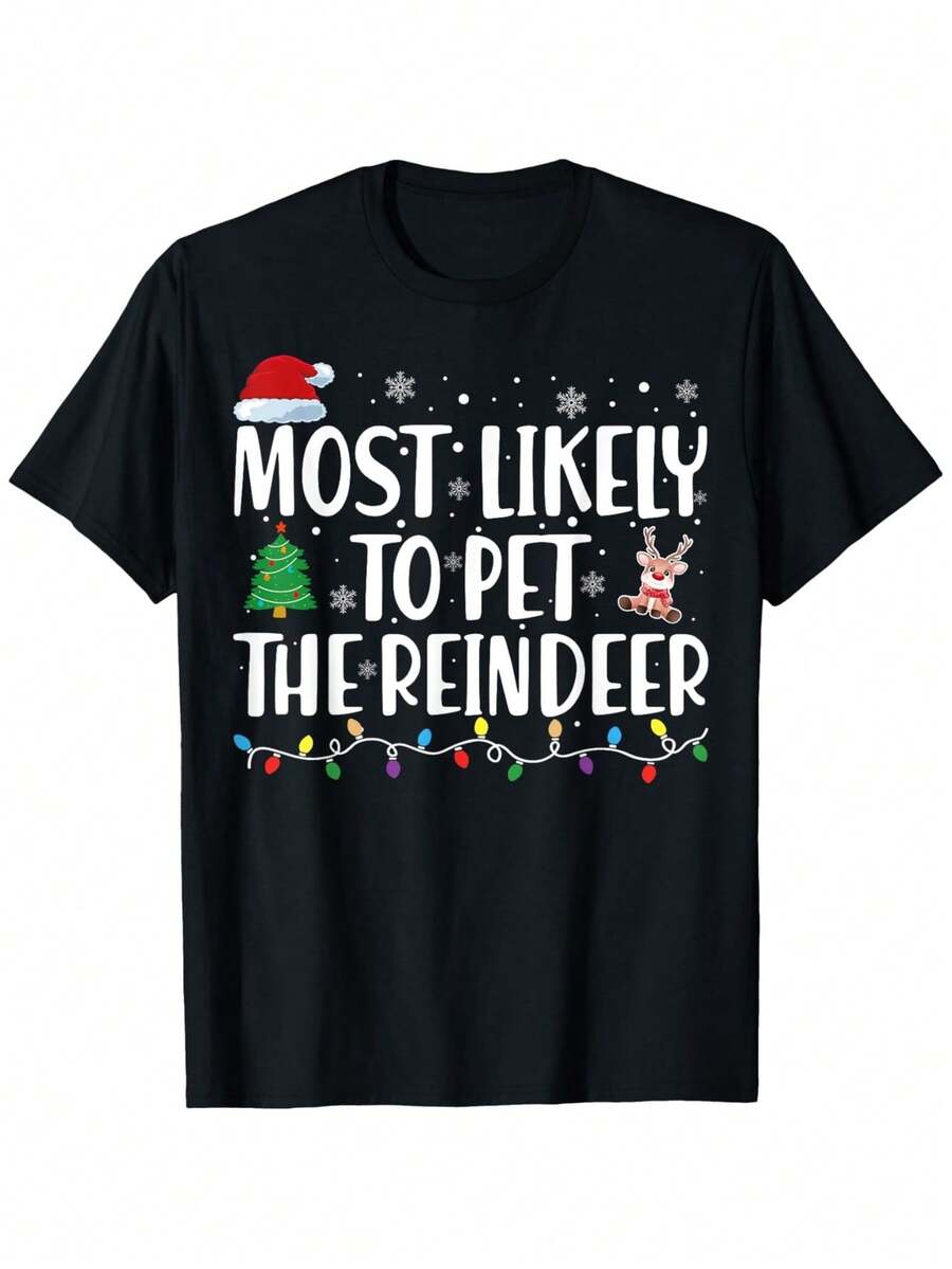 Camiseta Navideña Divertida - "Más Probable de Acariciar al Reno" Gorro de Santa y Gráfico de Luces - Camiseta Suave y Transpirable 100% para Hombres, Mujeres, Parejas - Fiesta Navideña, Actividades al Aire Libre, Atuendo Casual - Tallas S-XXL (Negro con Impresión Blanca y Roja) - Regalo Navideño Ideal para Amantes de Mascotas, Celebración de Temporada, Diseño Juguetón, Ajuste Cómodo, Ropa Temática Navideña, Compradores de Navidad, Reno, Más Probable de Navidad, Camiseta Navideña con Mensaje de Champán, Suéter Navideño Feo para Hombres, Camisa Navideña - Negro - Ver 1