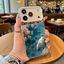 Cubierta de telefono con borde transparente y diseño floral azul con vaca y persona en paisaje acuatico para uso diario en cafeterias - Negro - Ver 3