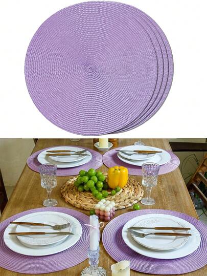 4/6 piezas Manteles individuales tejidos a mano de color púrpura, manteles individuales tejidos redondos, manteles decorativos, talla grande vendidos, disponibles en múltiples colores, manteles resistentes a las arrugas, adecuados para cumpleaños, inauguración de la casa, celebración, fiesta festiva, reunión familiar y talla grande ocasiones.