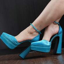 Women's 6 In Chunky Platform Heels For Women Block High Heels Ankle Buckle Sandals Pumps - Màu xanh lam - Xem 7