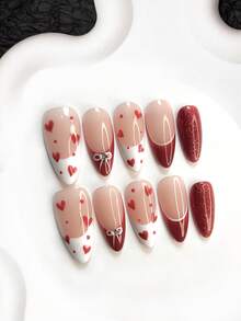 10pcs Valentine's Day Red Glitter Nail Art Set, Includes Handpainted Bow Nail Stickers, French Manicure Nail Stickers, Handmade Red Heart False Nails, White Nail Glue, Red Nail Polish, Comes With Nail Tools, 3 Sizes Available: Almond, Duck Mouth, Coffin Shape, Suitable For Party, Valentine's Day, Wedding, Casual & Daily Wear - 彩色 - 查看 16