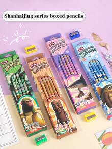12pcs Cartoon Shanhaijing Series HB Pencils, With Built-In Erasers, Creative Patterns, Easy To Sharpen, Comfortable Grip, Smooth Writing, Student Drawing & Daily Use Pencils - Multicolor - View 4