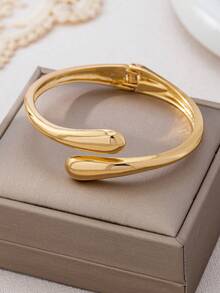 3 piezas/1 pieza Brazalete de onda geométrica minimalista gruesa y lisa de oro, adecuado para mujeres - Amarillo Oro - Ver 6