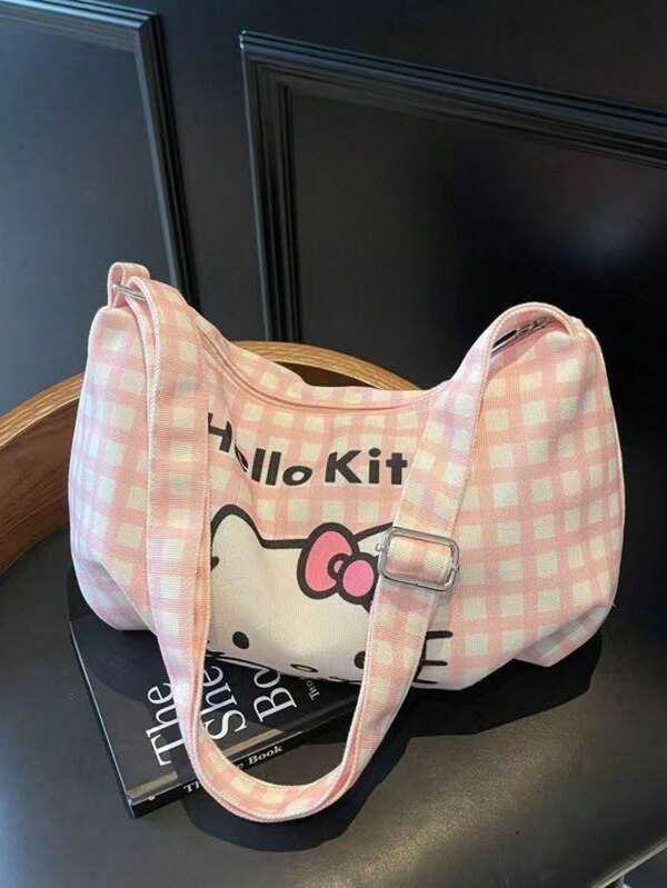 Bolso de hombro a cuadros 2025 de para mujer, bolso cruzado lindo y kawaii, bolso de lona de gran capacidad, bolso de compras casual y ligero, bolso de trabajo de moda