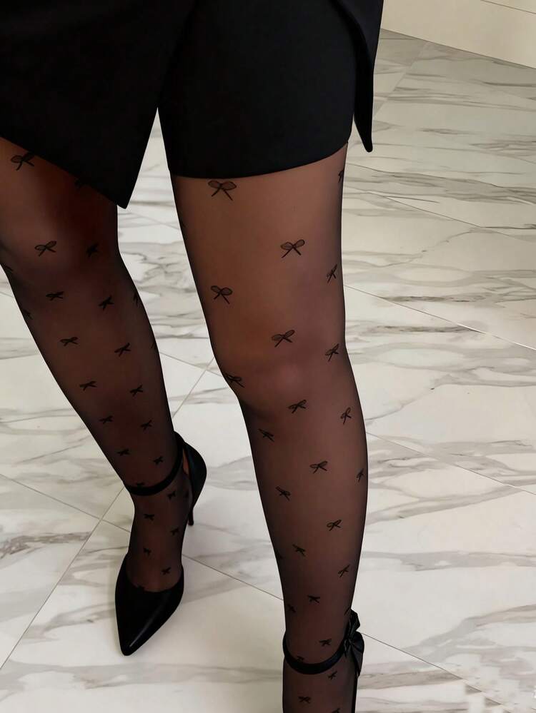 1pc Women's Pantyhose Tights, Sexy Black Sheer Tights With Bow, Transparent Stockings, Leg Shaping Tights, Valentine's Day - Black - View 2