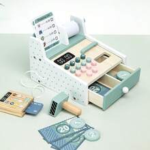 儿童木制过家家收银机玩具，角色扮演商店游戏，家庭互动游戏套装