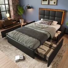 Bed Frame With LED Lighting Strip And 4 Drawers, Single Upholstered Bed 90x200cm, Height-Adjustable Headboard, Functional Bed, PU Black (Without Mattress) - Black - View 10