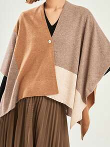 1pc Women 100% Merino Wool Poncho, Turtleneck Loose Knit Wrap Scarf, Asymmetrical Oversized Cape Shawl For Dress