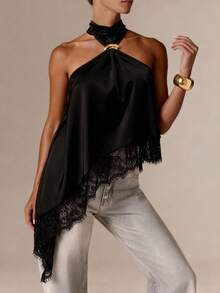 Women's Elegant Satin Blouse, Suitable For Commute, Casual, Vacation, Afternoon Tea, Music Festival, Romantic Occasions. Features Metal Button Design, Solid Color, Asymmetric/Asymmetric Lace Patchwork Design, Suitable For Spring/Summer Black - Black - View 5