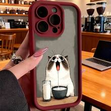 Cubierta de teléfono con borde negro y diseño de gato bebiendo leche para iPhone 14 Pro Max funda protectora con estampado divertido ideal para uso diario y oficina - Burdeos - Ver 2