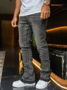 Jeans ajustados y elásticos con efecto desgastado para hombres, estilo casual de calle, adecuados para todas las estaciones - Gris - Ver 2