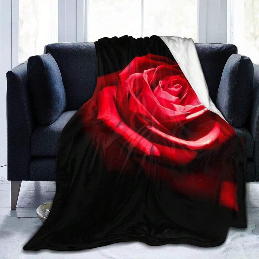 Valentine's Day Red Black Rose Stylish Flannel Throw Blanket - Soft Cozy Lightweight Plush All Season Blanket For Sofa Couch Bedroom, Warm Home Decor Gift, Premium Accent Throw