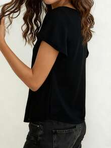 Women's Summer Tie Front Tops Short Sleeve Deep V Neck  Solid Color Sheer T-Shirt - màu đen - Xem 6