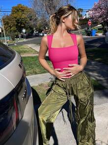 OQQ 3 Piece Bodysuits For Women Sexy Ribbed Strappy Square Neck Stretch Tank Tops Bodysuits - 酪梨綠,香芋紫,玫瑰米,黑,火龍果色,櫻桃米 - 查看 4
